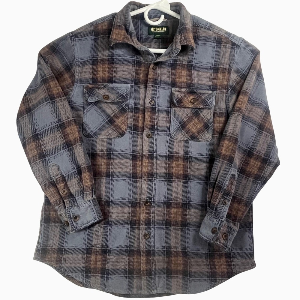 Outdoor Life Mens L Brown Gray Plaid Flannel Heavyweight Shirt Workwear Gorpcore